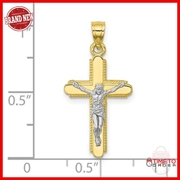 10k Yellow Gold Crucifix Pendant with Rhodium Detail, 21x13mm, Religious Jewelry - Picture 3 of 5